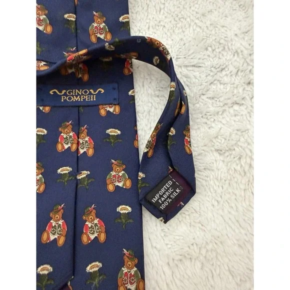 Gino Pompeii Teddy Bear‎ Print Novelty Tie Men's Necktie Navy Blue Vintage - Picture 4 of 4